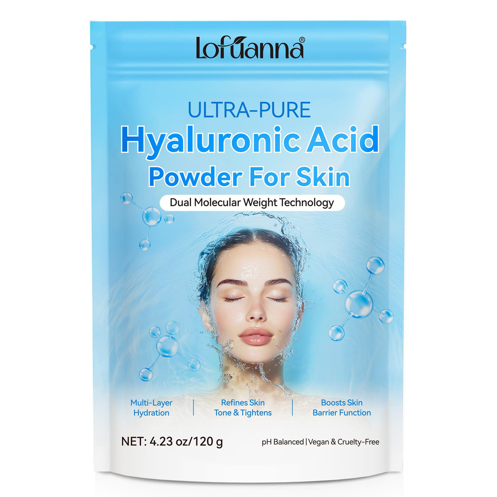 Hyaluronsäure Pulver - 120g Hyaluronic Acid Powder für Gesicht & Haut mit Doppelter Molekulargewicht Technologie, Tiefenhydratation, Kann Hautelastizität Verbessern, Für DIY Serum