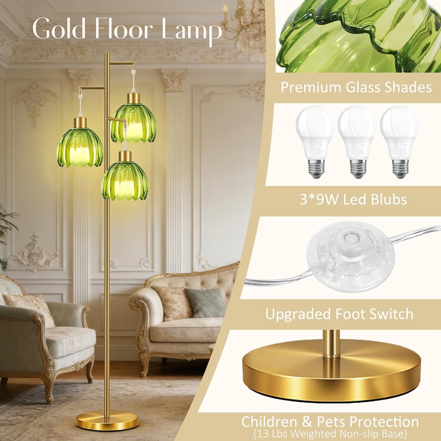 Gold Floor Lamp for Living Room,Bedroom, 3 Light Standing Lamp Mid Century Modern Brass Tree Green Glass Flower Lamp Shade Tall Floor Lamps Vintage Retro Floor Lights Farmhouse Boho Bohemian