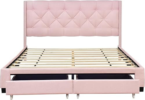 Miniatura 4 de SOFTSEA Cama tapizada Queen con almacenamiento, marco de cama de plataforma copetuda con cabecera con respaldo de ala, soporte de listones de