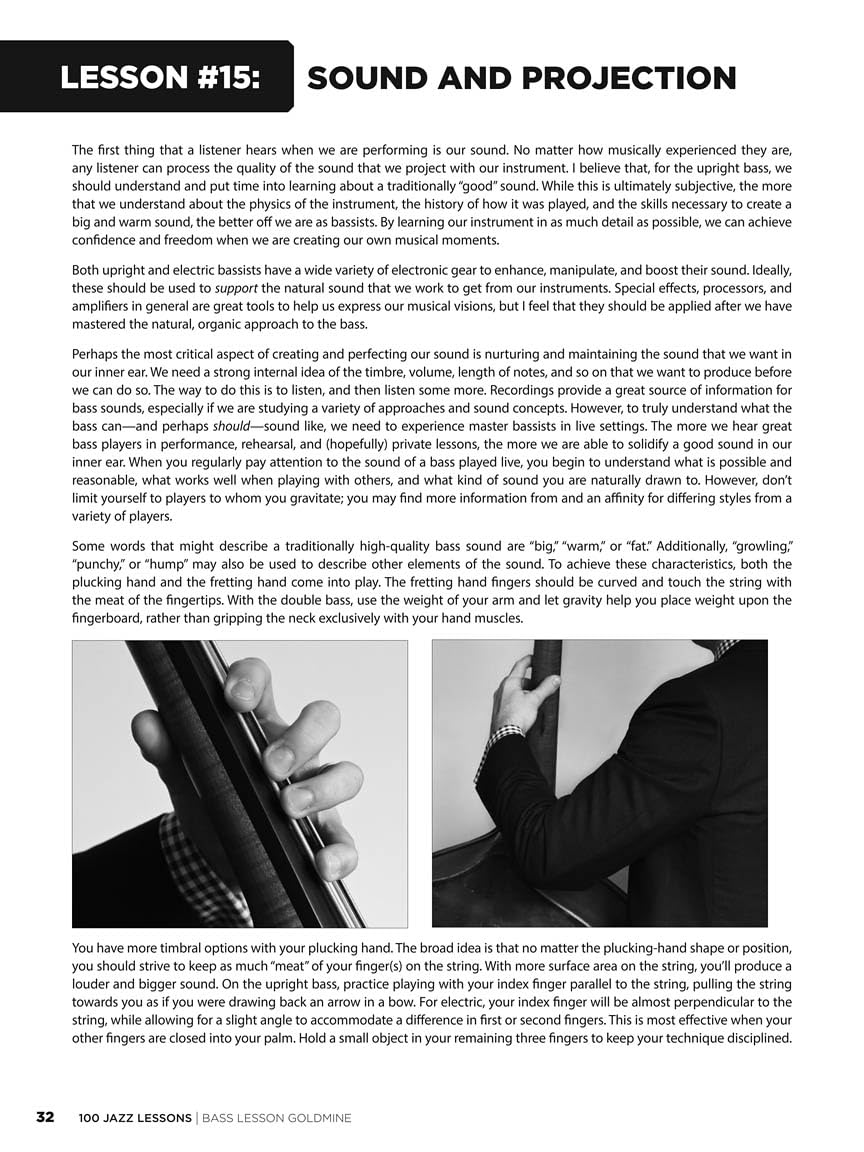 100 Jazz Lessons for Bass Sheet Music Book with Online Audio | Bass Lesson Goldmine Series | Jazz Bass Instruction for Electric and Upright Bass | TAB Notation Technique Guide for Intermediate Players