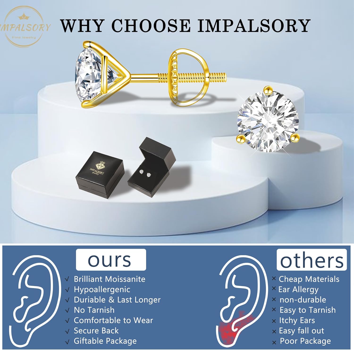 Moissanite Earrings, Screw Back Earrings for Women S925 Sterling Silver Hypoallergenic Earrings 18k Yellow Gold Plated Lab Created Moissanite Earrings D Color Brilliant Round Cut 0.3-3ct - Image 5