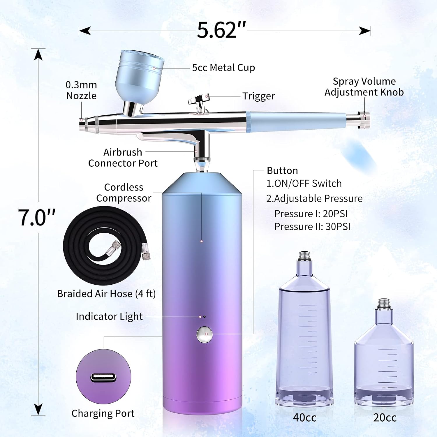Cenoz Portable Airbrush Kit, Handheld Mini Airbrush Makeup Kit, Rechargeable Cordless Makeup Sprayer with 2 Capacity Cups (Purple with 4FT Airbrush Hose)