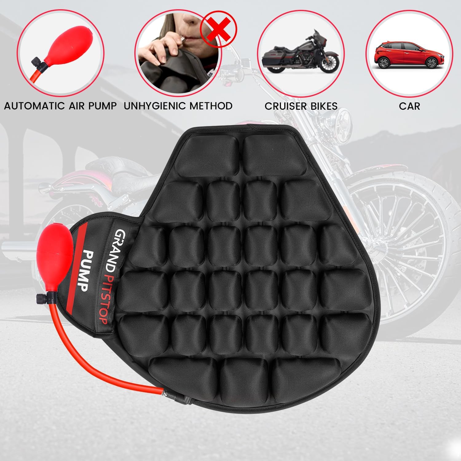 GRAND PITSTOP Motorcycle Air Seat Cushion with Air Filling Pump, Inflatable Bubble Air Pads with Breathable Mesh Cover & Non-Skid Bottom Compatible for Cruiser Motorcycle