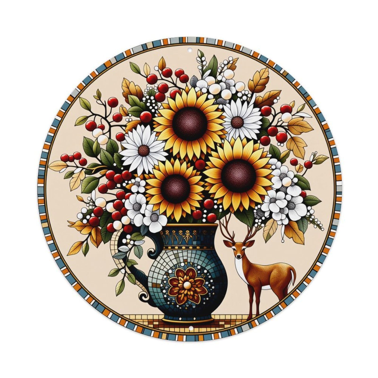 Floral Vase Deer Sunflower Pattern Round Tin Sign Vintage Metal Poster Retro Bar, Home, Man Cave, Kitchen, Laundry Room Wall Art Decor Gift 8x8Inch