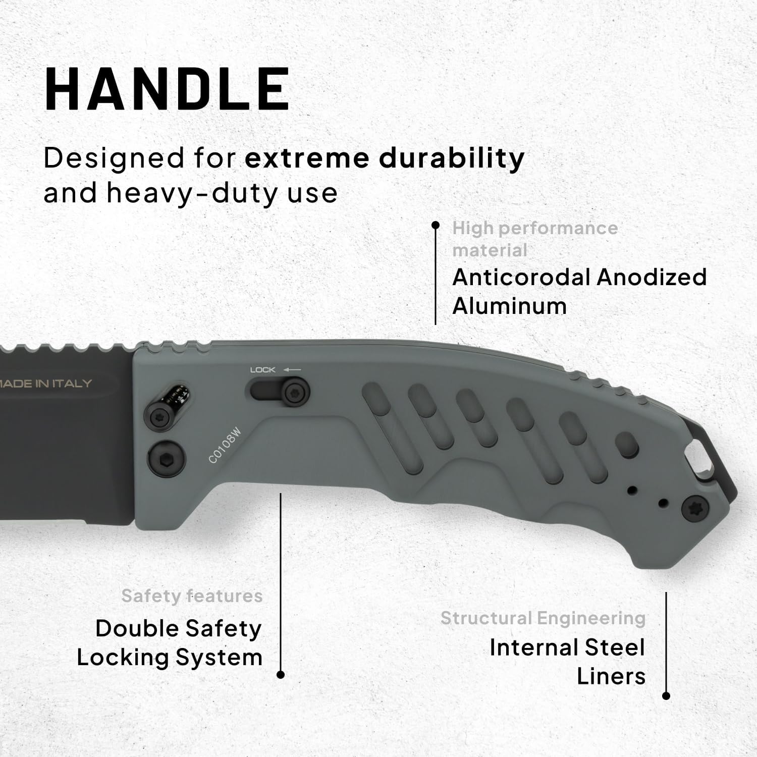 Extrema Ratio RAO C (Grey) Folding Knife, 6.3mm Bohler N690 Steel, 58 HRC, Premium Outdoor Tool, Made in Italy