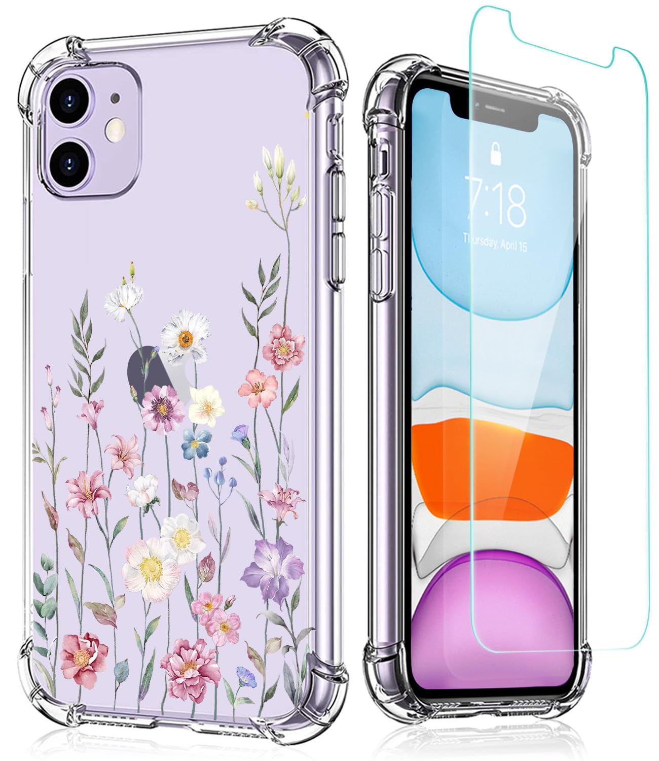 XEEUE Flower Pattern Designed for iPhone 11 Case with Screen Protector, Floral Clear Women Phone Case Shockproof Protective Soft TPU Bumper Cover 6.1