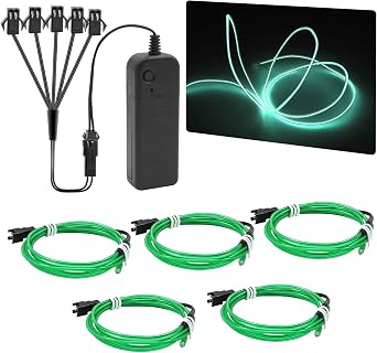 5Pack 6.5Ft Neon Lights EL Wires, 5 in 1 Electroluminescent Wires with Battery Controller for Holiday, Party, Cosplay, DIY Decoration,Green3 Operation Modes