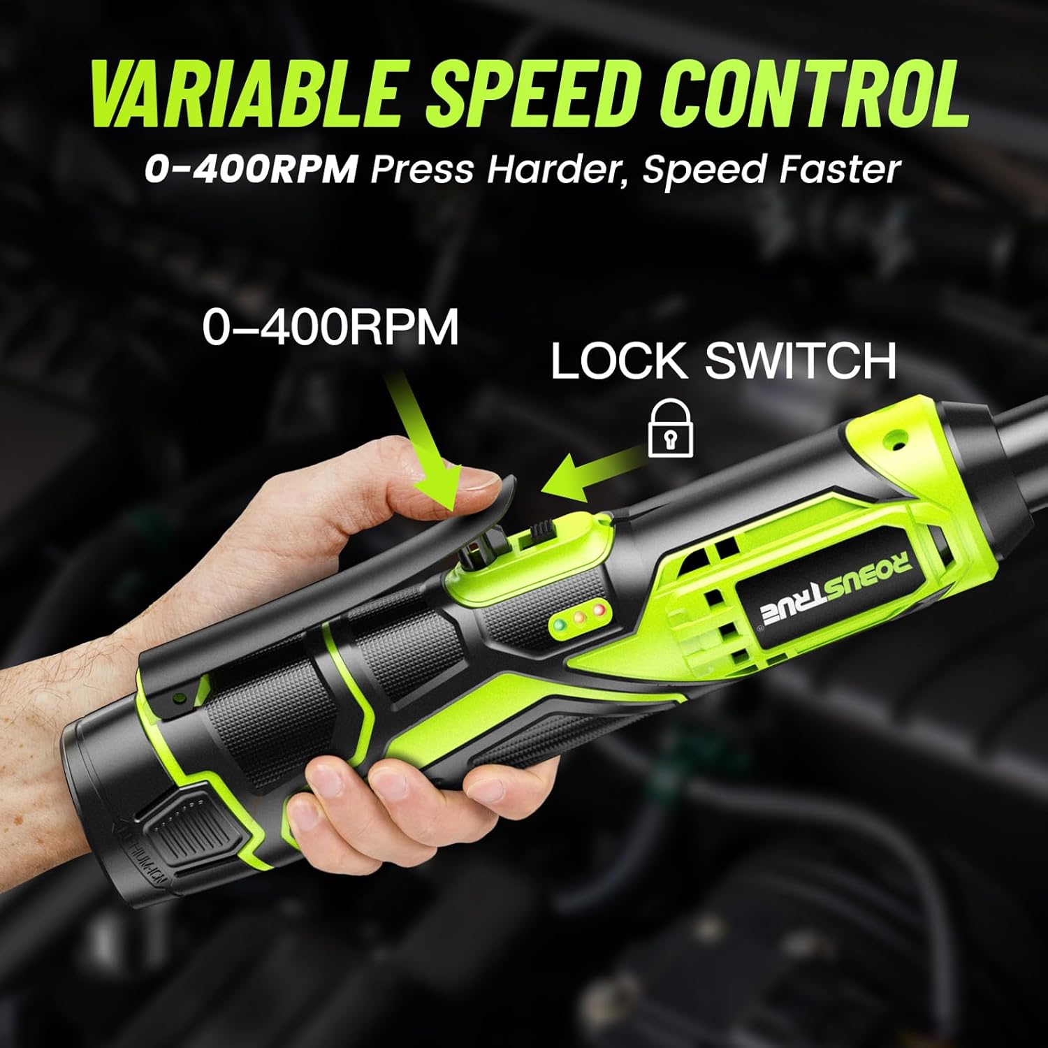 3/8" Cordless Ratchet Wrench, 6-inch Extended Ratchet Wrench, 40Ft-lbs 400RPM Cordless Ratchet, 2 Batteries Power Electric Ratchet Driver with Variable Speed, 7 Sockets, LED Light