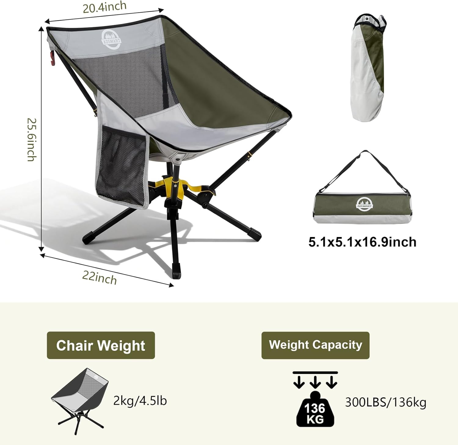 ADSMART Portable Camping Chair Lightweight Folding Chair for Camping - Outdoor Chair Supports 300 Lbs - Camp Chair Outdoor Adventures