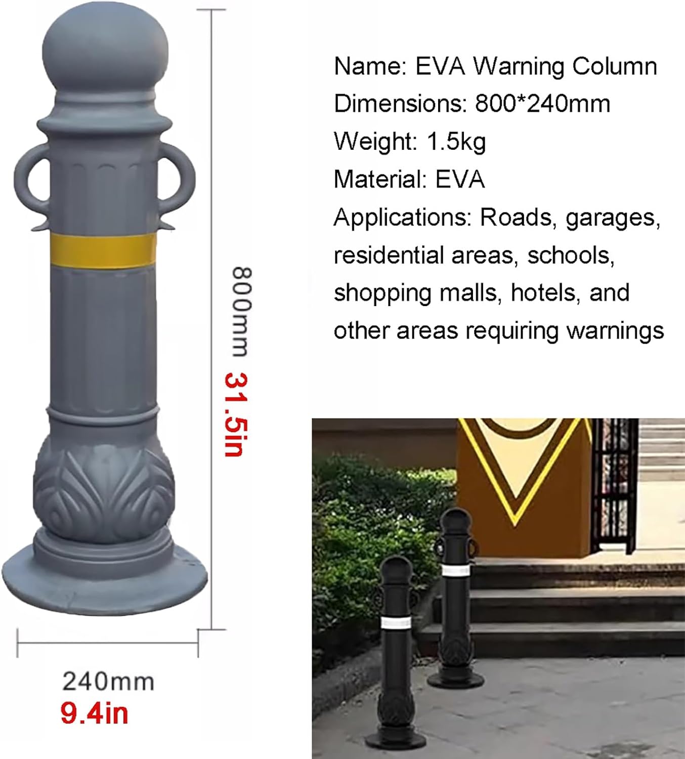 Reflective Traffic Warning Bollards, 31.5" Height Safety Cones, 2PCS for Roads, Garages, Residential Areas - Durable Black Warning Columns with Reflective Bands
