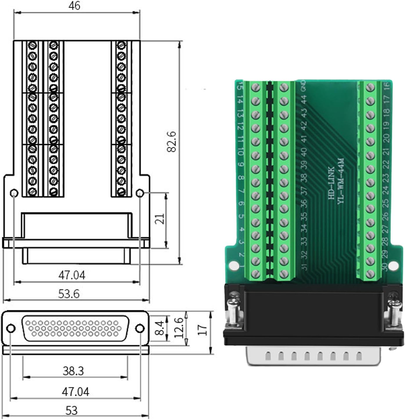 DB44 Connector,Male D-SUB Header to 44-pin Port Terminal Adapter Breakout Board No Soldering Needed,with Bolts image 2