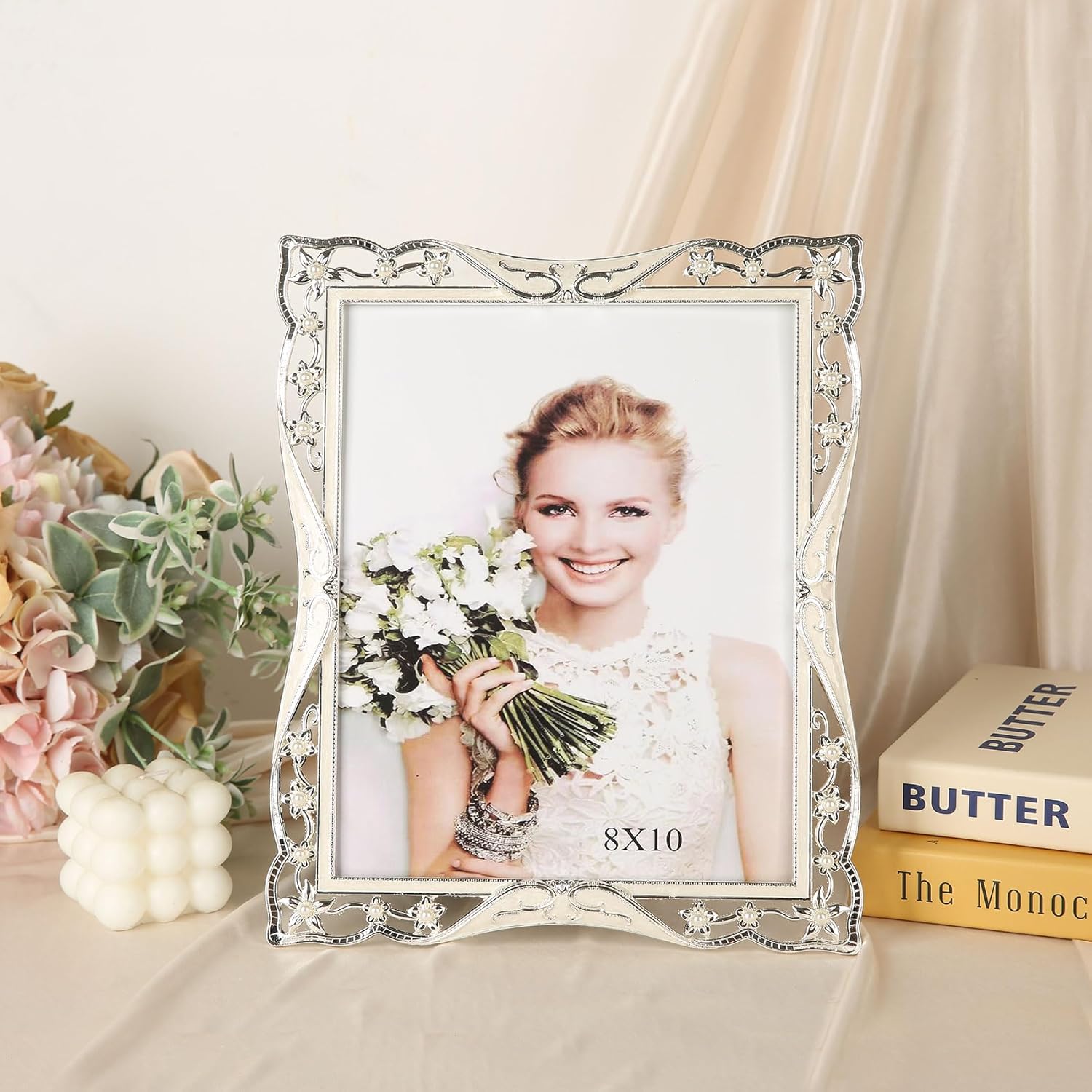 8x10 Vintage Metal White Picture Frame Pearl Antique Ornate Gold Photo Frame Wedding Decoration, Clear Glass Front, Unique Tabletop or Wall Display, Gifts for Mom Women, Horizontally & Vertically