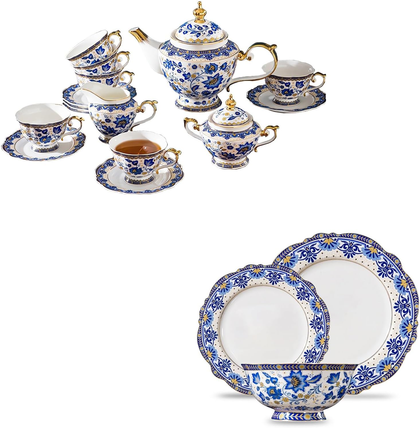 ACMLIFE Bone China Tea Set for 6 Adults, Vintage Floral Dinnerware Set for 4 with 12 Pieces, Blue and White
