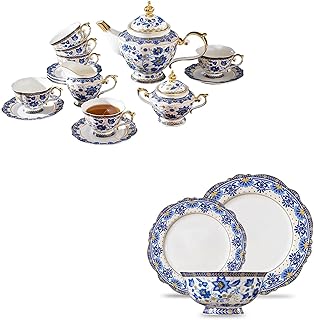 Bone China Tea Set for 6 Adults, Vintage Floral Dinnerware Set for 4 with 12 Pieces, Blue and White