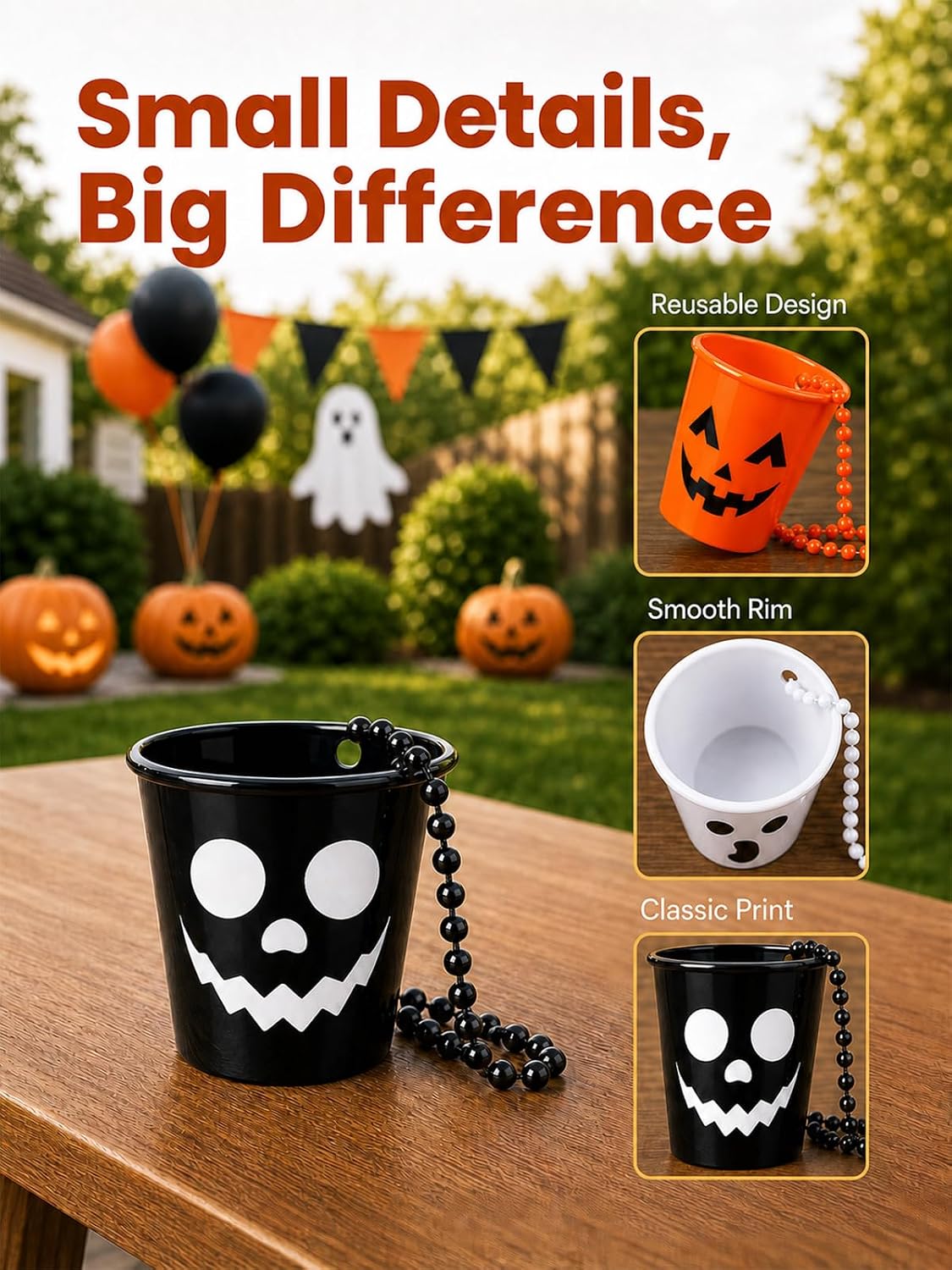 Bearhug 12 PCS Halloween Shot Glasses on Beaded Necklaces, Plastic Shot Glasses with Skull Ghost Pumpkin Designs, Shot Necklace Cups for Halloween Party, Trick or Treat (Orange, Black, White)