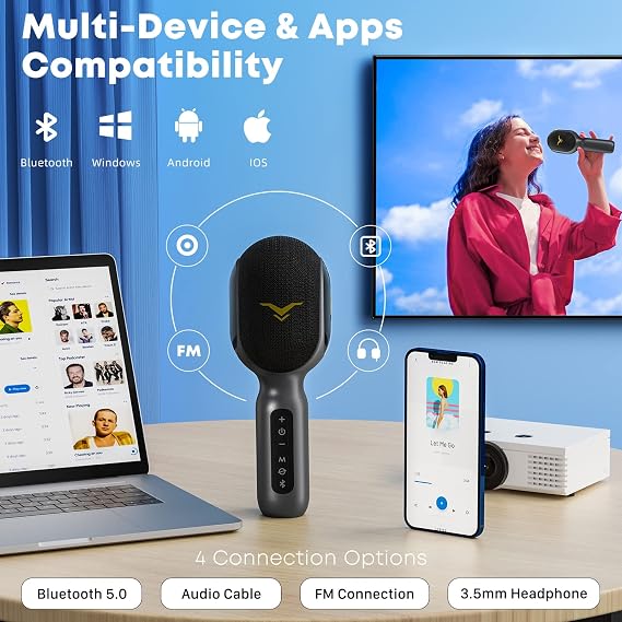 Bluetooth Karaoke Microphone, Portable Car Karaoke Microphone with Duet Mode, Dynamic Lights, Built-in Speaker, Vocal Remover, Music Recording, Gift for Adults & Kids, Wireless Karaoke Mic for Home
