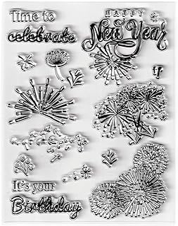 Fireworks Clear Stamps Silicone Stamp Cards with Sentiments,Happy New Year Greeting Words Transparent Seal Stamps for Holiday Card Making Decoration and DIY Scrapbooking Album DIY Crafts