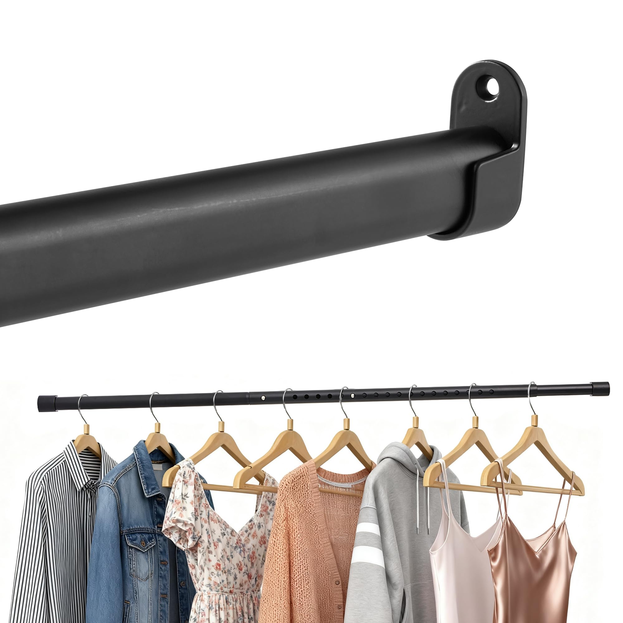 25 mm Black Adjustable Wardrobe Rail, Oval Heavy Duty Clothes Rail, Wardrobe Rails and Fittings, 1 Set with 2 Brackets, Wall Mounting, 43-191 cm