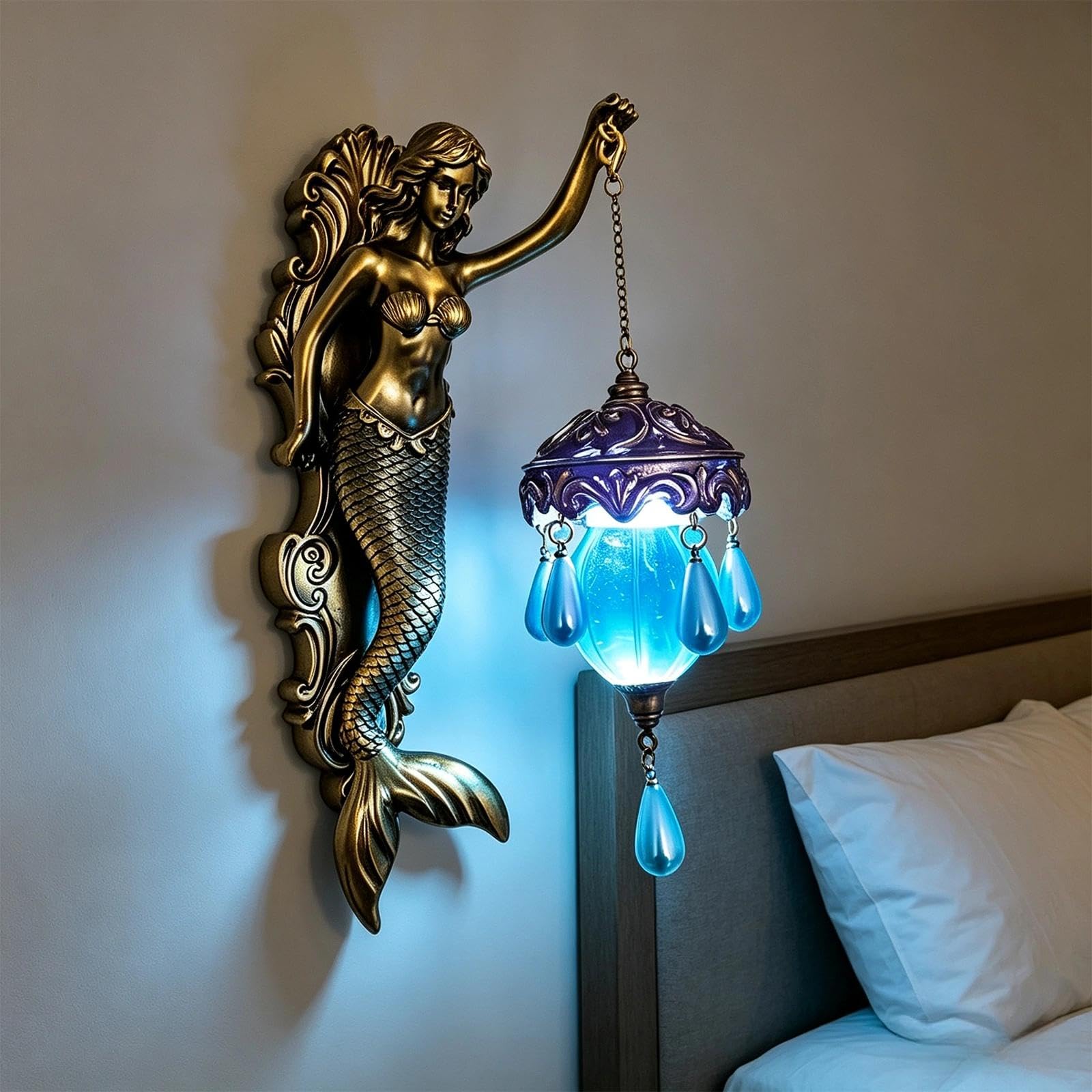 Elfenfigur Wandlampe,Engel Statue mit LED Hängelaterne,Meerjungfrau Wandleuchte Deko,Feen Wanddekoration für Wohnzimmer Schlafzimmer Flur Eingangsbereich Büro,Geschenkidee für Frauen(Stil 1)