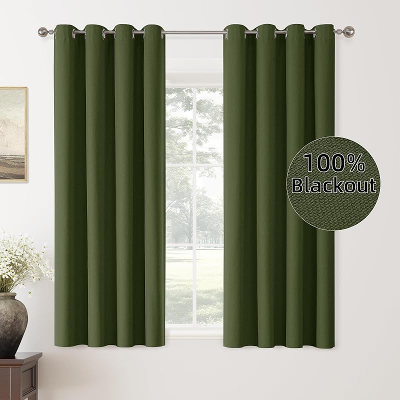 Olive Green Blackout Curtains 63 Inches Long 2 Panels for Bedroom | Room Darkening,Light Blocking,Thermal Insulated,Faux Linen,Farmhouse,Grommet,Window Treatment,Drapes,Living Room,52x63
