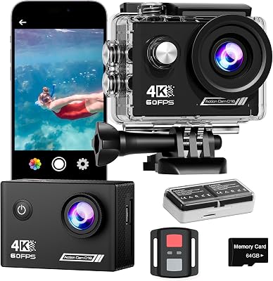 4K60FPS Action Camera 40M impermeabile subacquea con scheda SD da 64GB, stab. a 6 assi, fotocamera da moto con zoom 8x e telecomando 2,4GHz