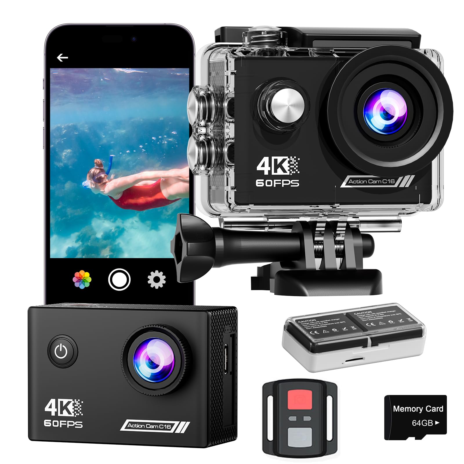 4K60FPS Action Camera 40M impermeabile subacquea con scheda SD da 64GB, stab. a 6 assi, fotocamera da moto con zoom 8x e telecomando 2,4GHz