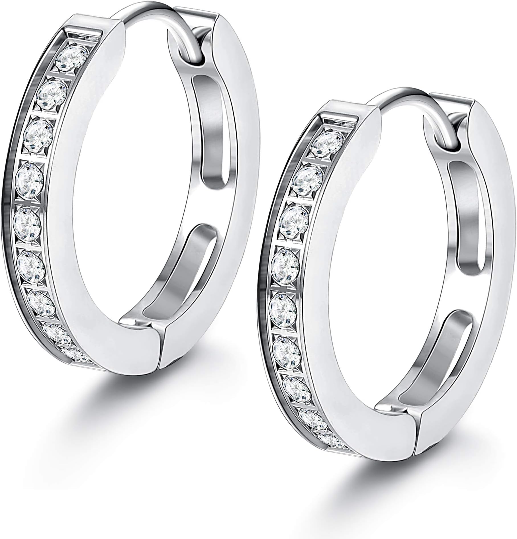 FIBO STEEL 13MM Stainless Steel Small Hoop Earrings for Men Women Huggie Earrings CZ Inlaid