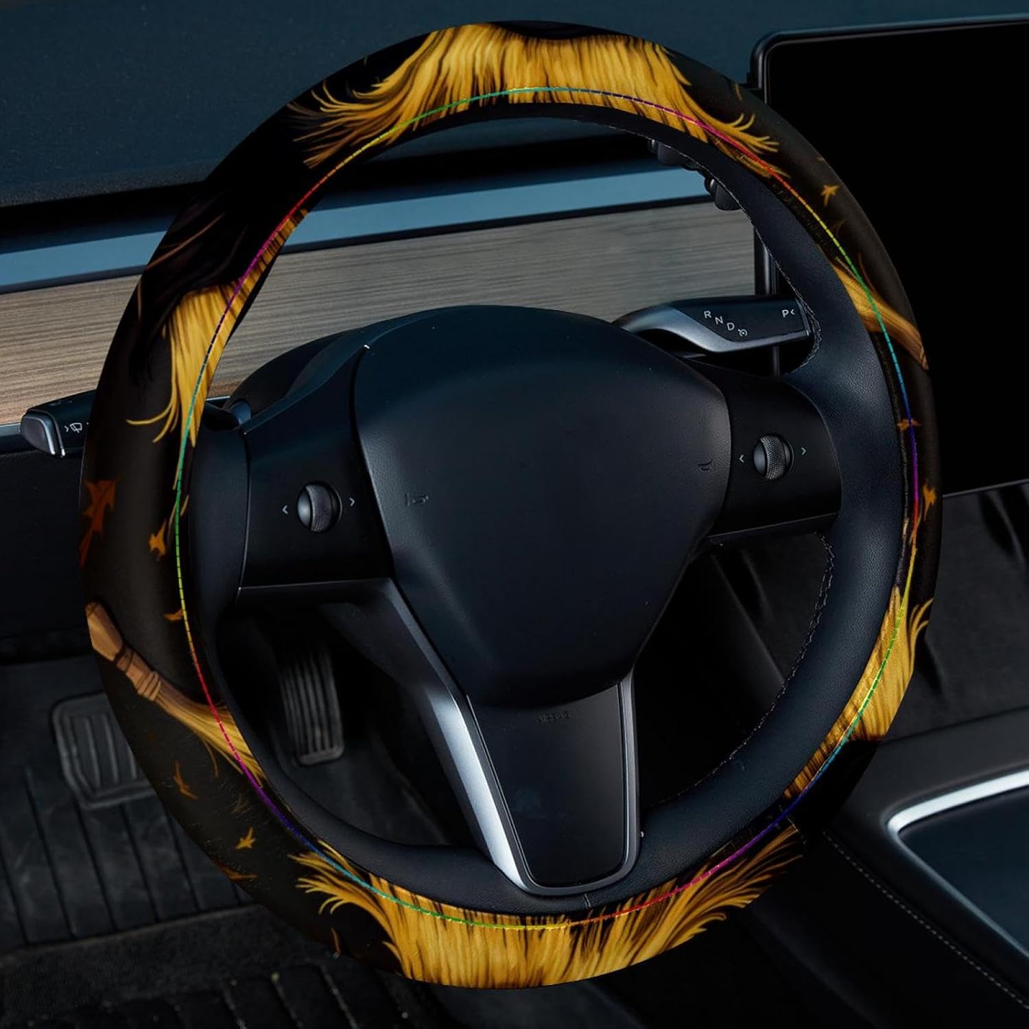Leather Steering Wheel Cover for Women, with Halloween Broom E Universal Fit 14.5-15 inch Anti-Slip Car Steering Wheel Protector Car Interior Accessories for Vehicle SUV Trucks