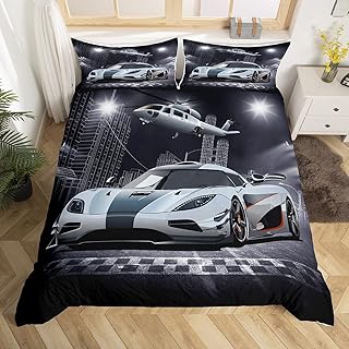 Race car Airplane Bedding Set Black Grey White Speed Sports Car Duvet Cover for Kids Teens Racing Car Comforter Cover Extreme Sports Bedspread Cover Bedroom Decor Quilt Cover 3Pcs Full Size