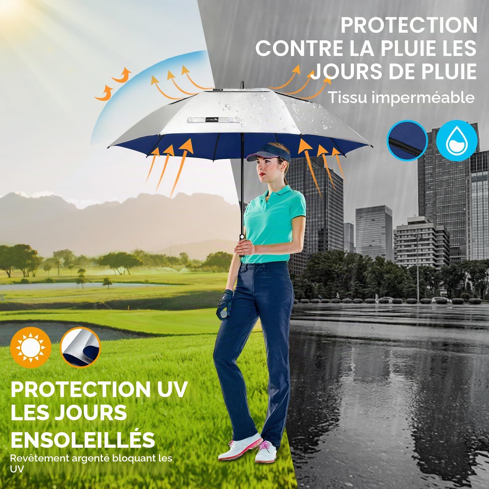 ZOMAKE Parapluie de Golf 62 Pouces XL UPF 50+ UV Double Canopée Anti Tempête Automatique Argent Bleu Marine