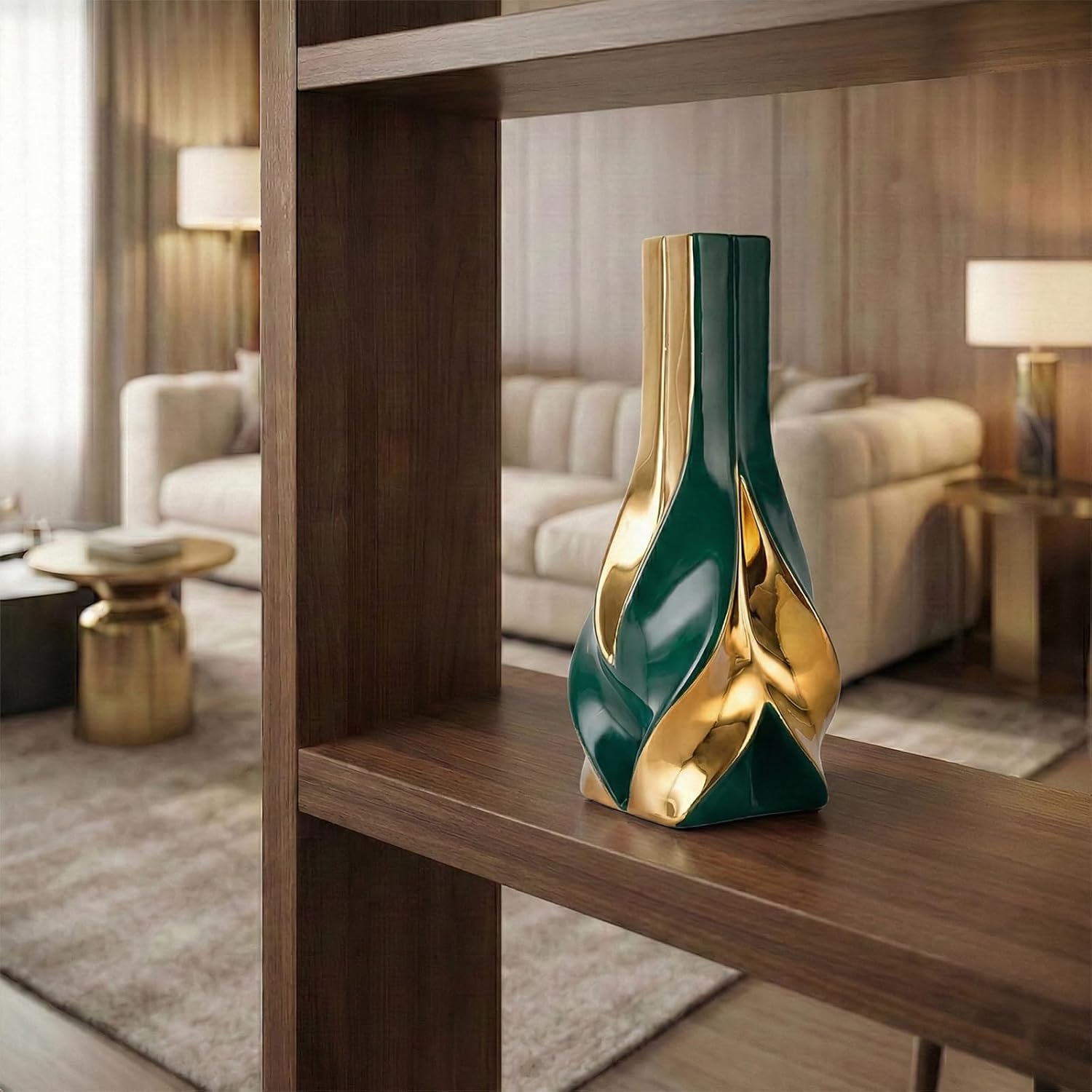 10.6" Green and Gold Ceramic Vase, Modern Geometric Flower Vase for Dining Table Centerpiece, Elegant Decorative Vase for Pampas Grass, Living Room, Bedroom, Office, Tabletop Decoration