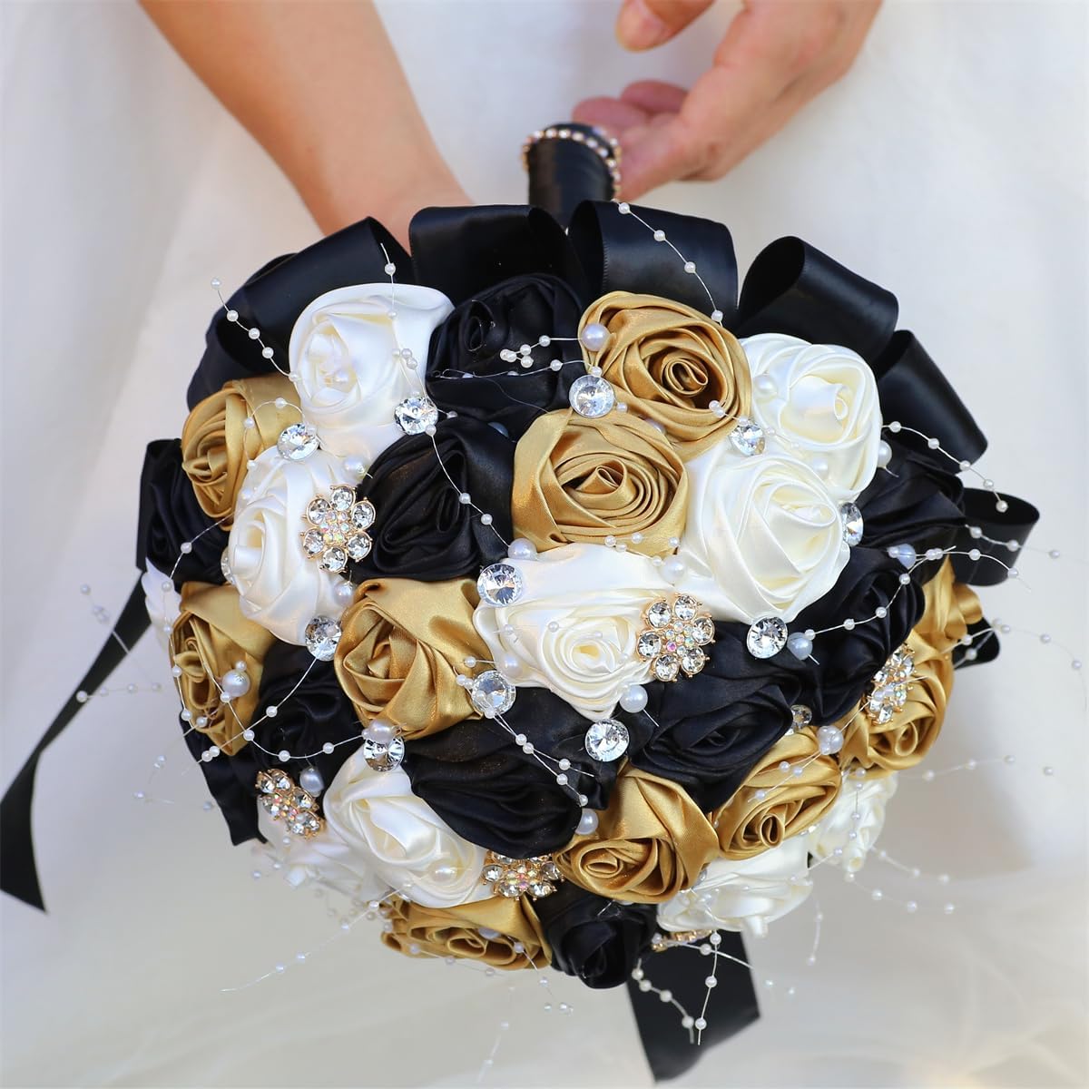 Bridal Wedding Bouquet Handmade Satin Rose Artificial Flower Bouquet for Bride Bridesmaid Holding Toss Round Wedding Bouquets Sparkling Rhinestone Brooch Crystals Gold & Black & Ivory 8.7"