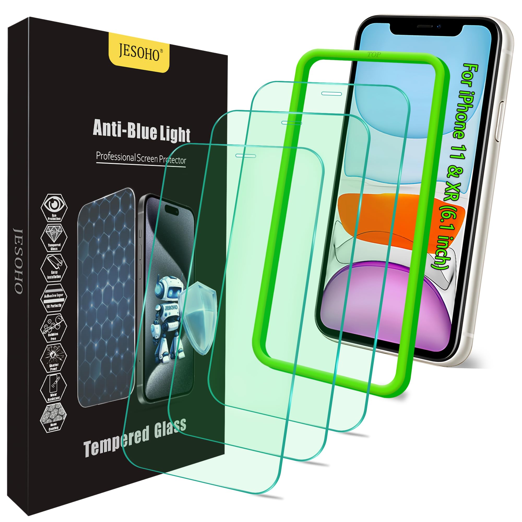 Blue Light Screen Protector for iPhone 11, iPhone XR (6.1") HD Anti Blue Light Blocking Tempered Glass Film, Eye Protection,Case Friendly, No Bubbles, with Easy Installation Kit, 3 Pack