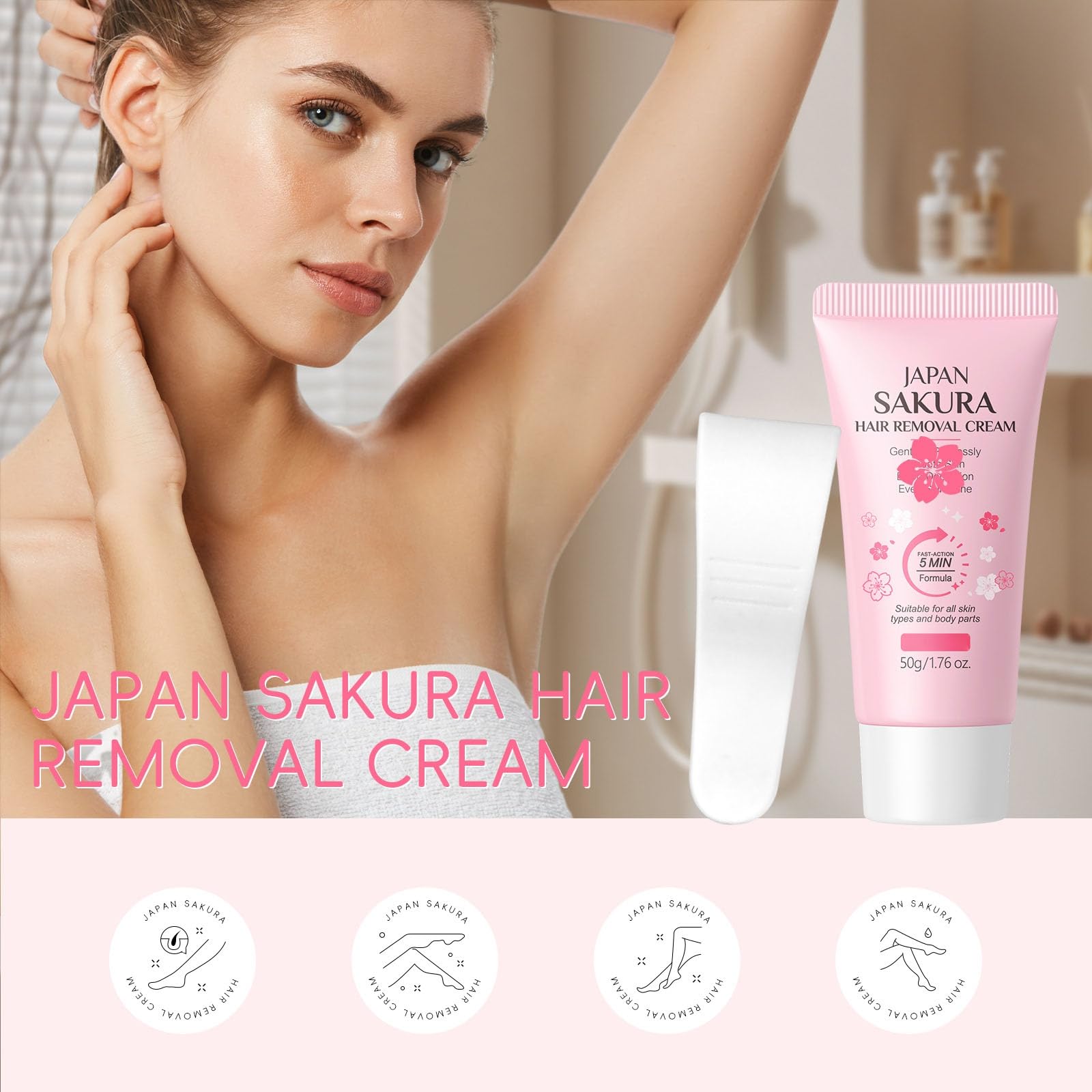 2 Pack Sakura Hair Removal Cream with Spatula, Cherry Blossom Depilatory Cream for Underarms Legs Body Bikini Area, Gentle Formula Long Lasting Smoothness for Women and Men