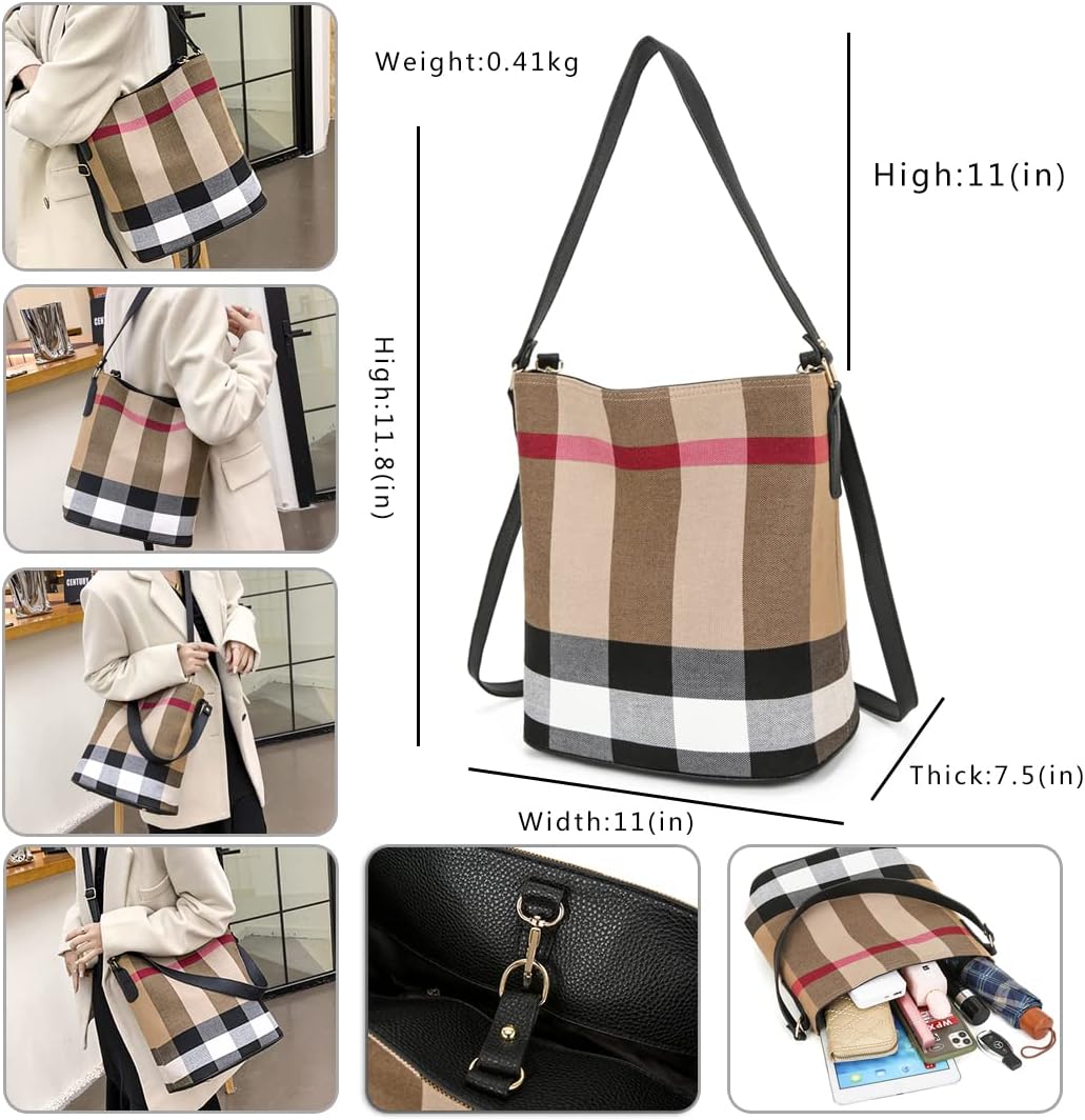 JOTHIN Tote Bag for Women Designer Handbags Canvas Plaid Purses and Handbags Bucket Bag Shoulder Bag(Black) - Image 4