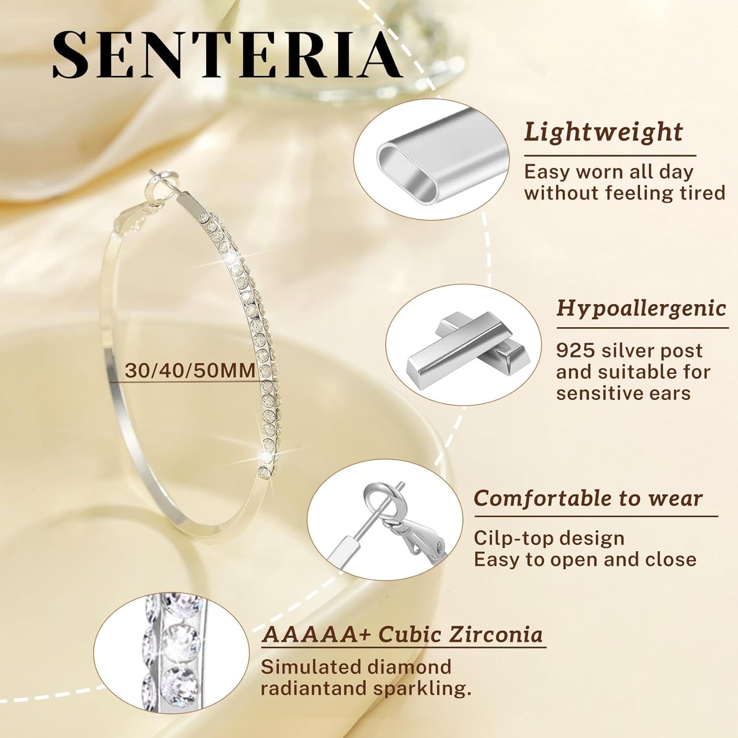 Senteria Sterling Silver Post Hoops Earrings Hypoallergenic Large 14K Gold Plated Hoop Earrings with A-Line AAA+ Cubic Zirconia Lightweight Thin Rhinestone Hoop Earring for Women 30/40/50MM - Image 3