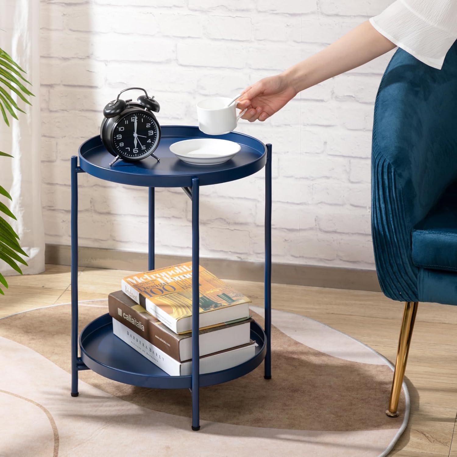 INDIAN DECOR 42111 2-Tier Round Side Table, Outdoor Small Folding Accent Stand with Removable Tray, Anti-Rust Metal Asional Table for Balcony Patio Living Room, Nightstand for Bedroom(Blue) 3