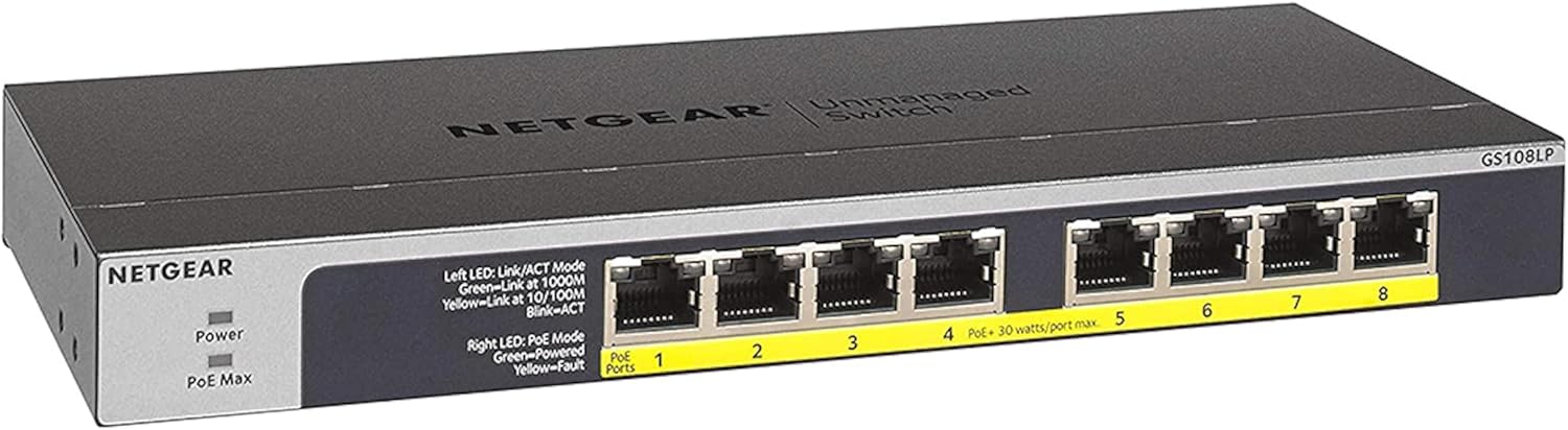 NETGEAR 8-Port Gigabit Ethernet Unmanaged PoE Switch (GS108LP) - with 8 x PoE+ @ 60W Upgradeable, Desktop, Wall Mount or Rackmount