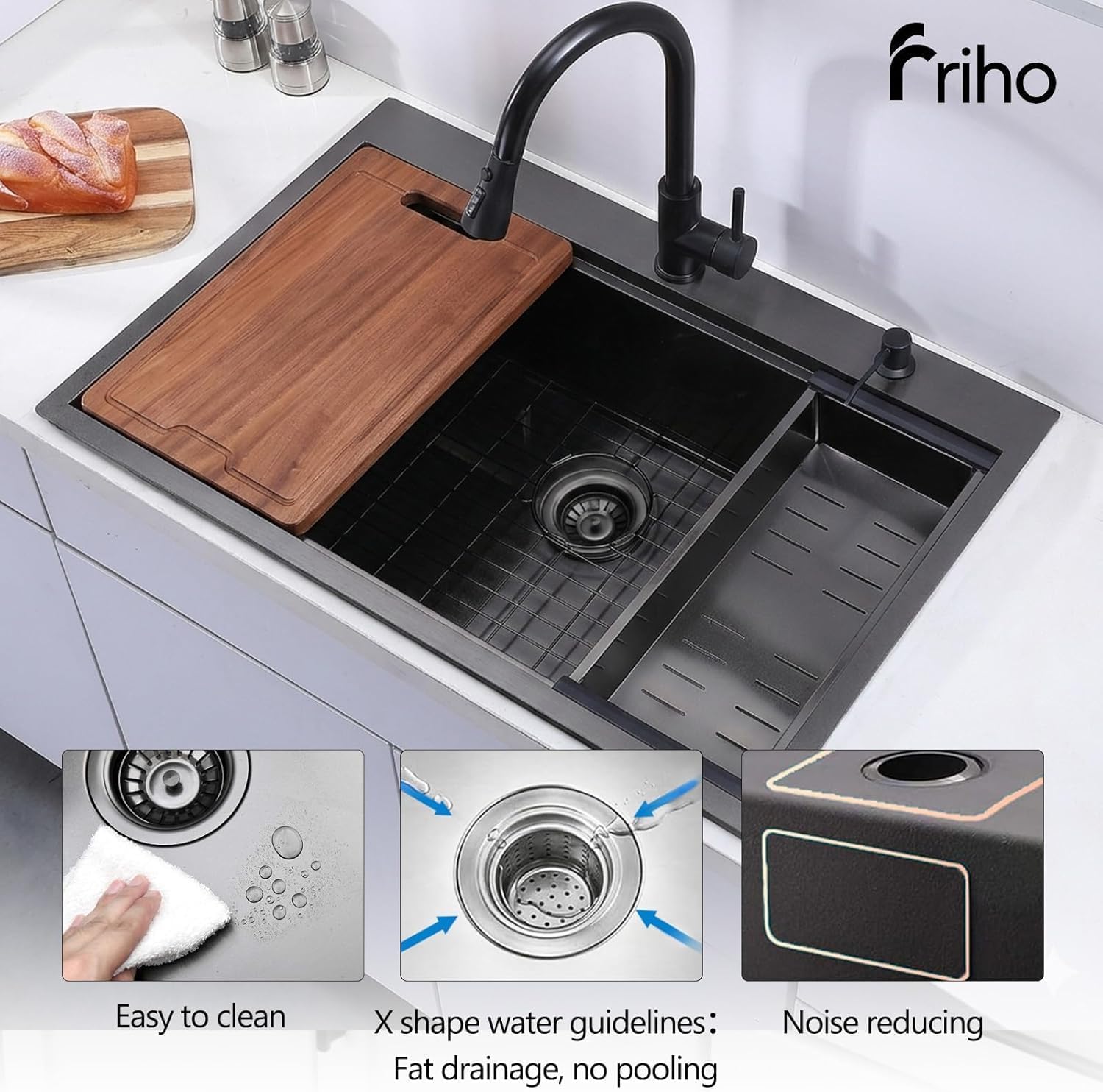 33 Inch Black Drop In Kitchen Sink, 33x22 Top Mount Workstation Handmade 16 Gauge Single Bowl Stainless Steel Sink with cutting board, dish grid, dish drainer and basket strainer