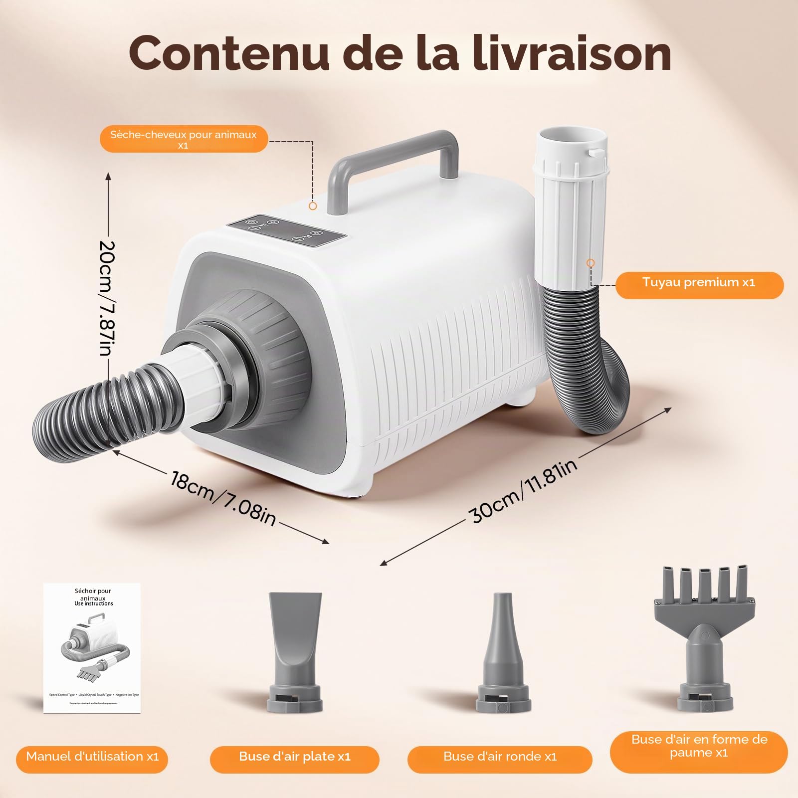 Pulseur pour Chien et Chats,Professionnel Souffleur Chien Séchoir Sèche-Poils, Silencieux (45-65 dB), 9 niveaux de vitesse et de chaleur (30-65 °C), 3 Buses et Tuyau Extensible,chaud et chaud