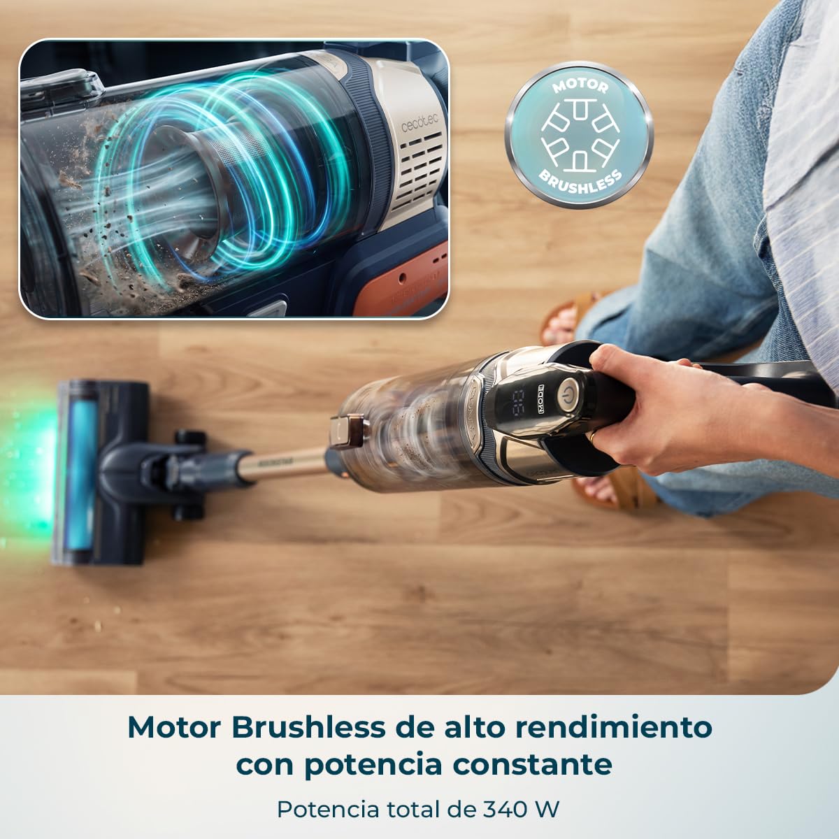 Cecotec Aspiradora Escoba sin Cable Conga Rockstar S50 Flex. 340W, Potencia Succión 135AW y 22kPa, Cepillo Antienredos Hairless XXL, Autonomía 45mins, Luz LED Verde, Tubo Flexible, Diseño Ligero