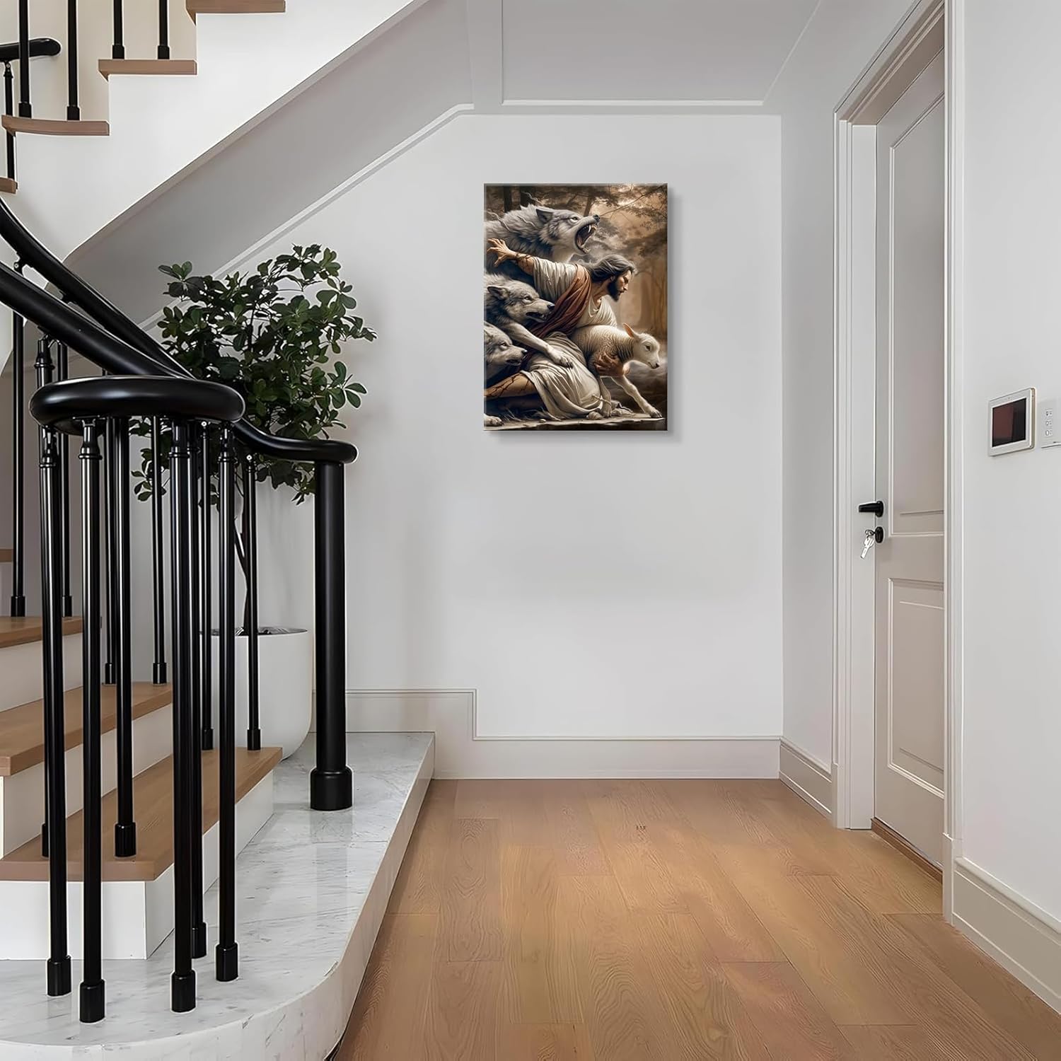 Jesus and Lamb Canvas Wall Art Jesus Saves The Lost Lamb Picture Wall Decor God Protect A sheep From Wolves Painting Print Christian Poster Artwork for Living Room Bedroom Church（16x24in Canvas）