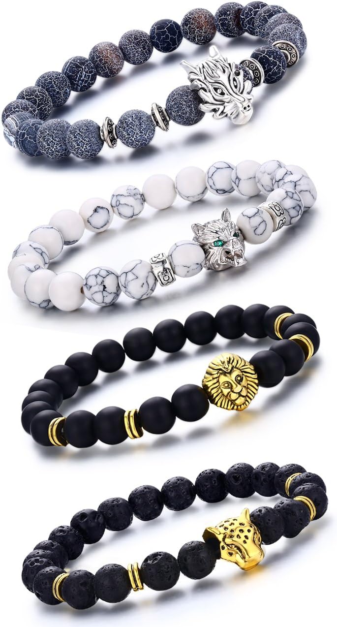 LYLYMIMI Bead Bracelets for Men Wolf Bracelet Dragon Jewelry Set Matte Lava Rock Stone