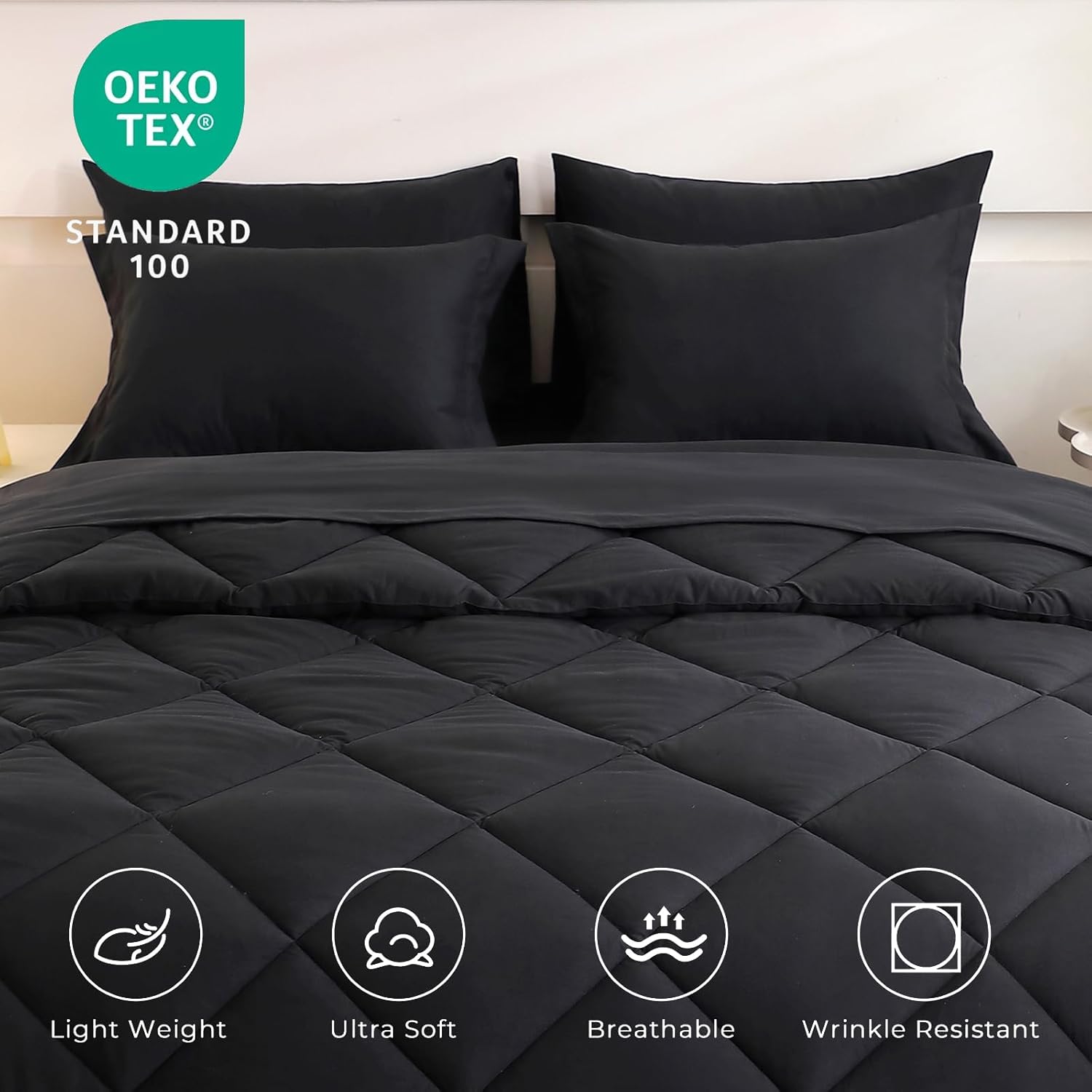 Bed in a Bag 7 Pieces, Luxury Soft Bed Set for All Seasons, Bedding Set with Down Alternative Comforter, Sheets, Pillowcases & Shams (Black, Queen)