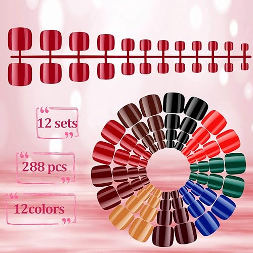 Miniatura 2 de 288 piezas, 12 juegos de uñas postizas cortas, cuadradas, puntas de uñas artificiales cuadradas a presión, uñas brillantes de color sólido,