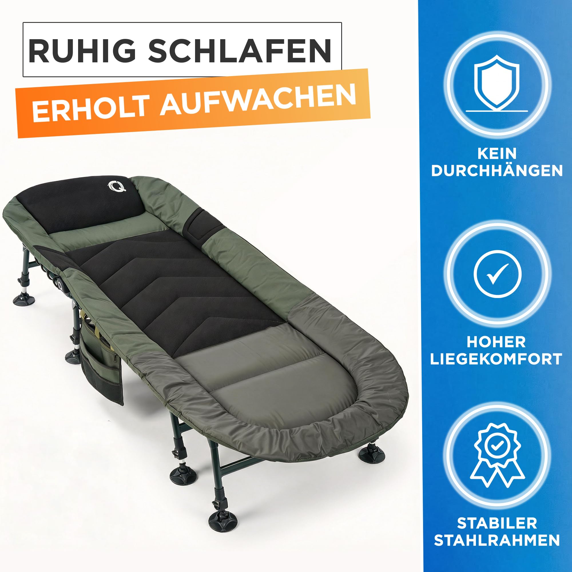 Karpfenliege [Stabil, Bequem & Leicht zu Reinigen] - Angelliege mit extragroßen Schlammfüßen, Angelliege Karpfenliege, Campingliege, Feldbett