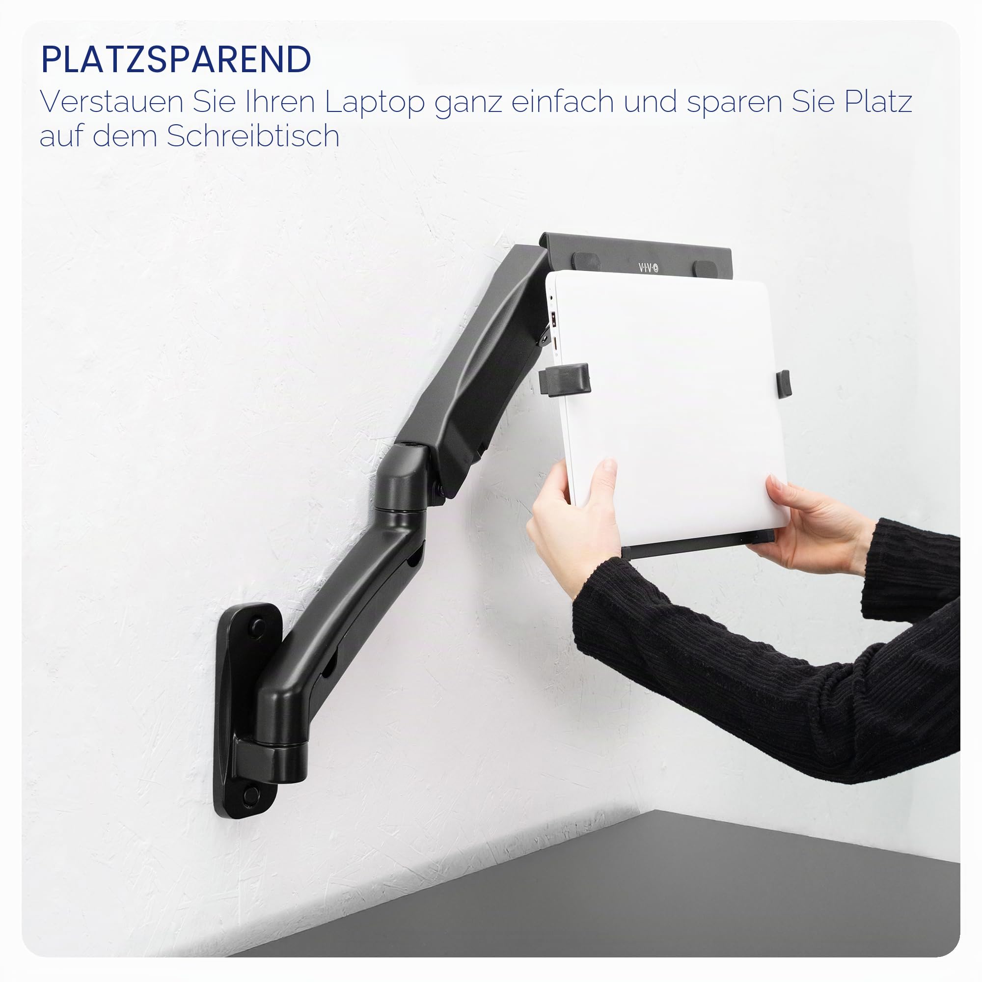 VIVO Mount-V001GL Höhenverstellbare pneumatische Laptop-Wandhalterung mit verlängertem Arm, vollbewegliche schwenkbare Notebook-Ablage, passend für 10- bis 15,6-Zoll-Bildschirme, Schwarz