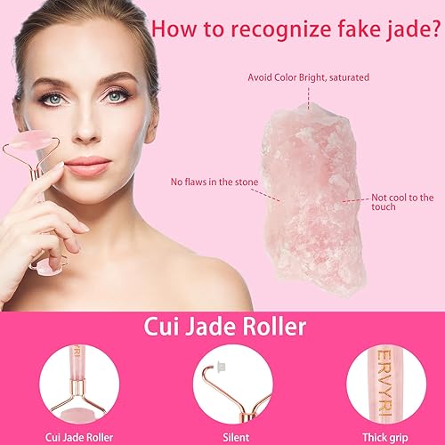 Miniatura 4 de Juego de rodillo de jade y Gua Sha, rodillo facial de cuarzo rosa, herramientas faciales Gua Sha, masajeador facial para mujeres, alivia el estrés,