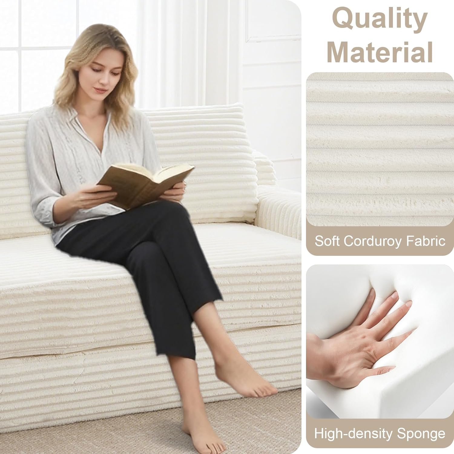 GNIXUU 71" Corduroy Cloud Loveseat Sofa, 2 in 1 Convertible Sleeper Sofa with Fixed-Shape Frame, Comfy Folding Boneless Love Seat Couches for Living Room, Apartment, Small Spaces Beige