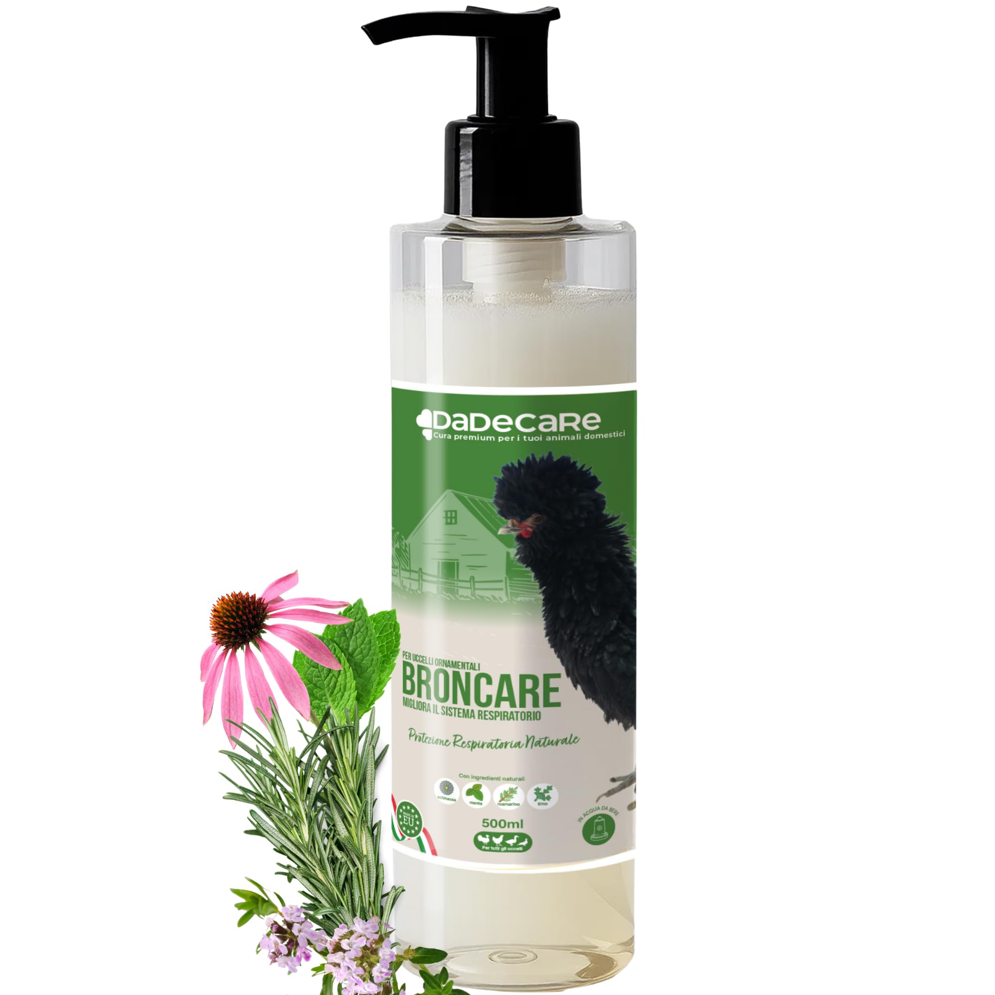Bronzo Respiratorio 500 ml con ADEC - Galline, Pollame ed Esotici - Oli Essenziali, Rinforzo Immunologico e Respiratorio - Echinacea, Menta, Timo e Rosmarino